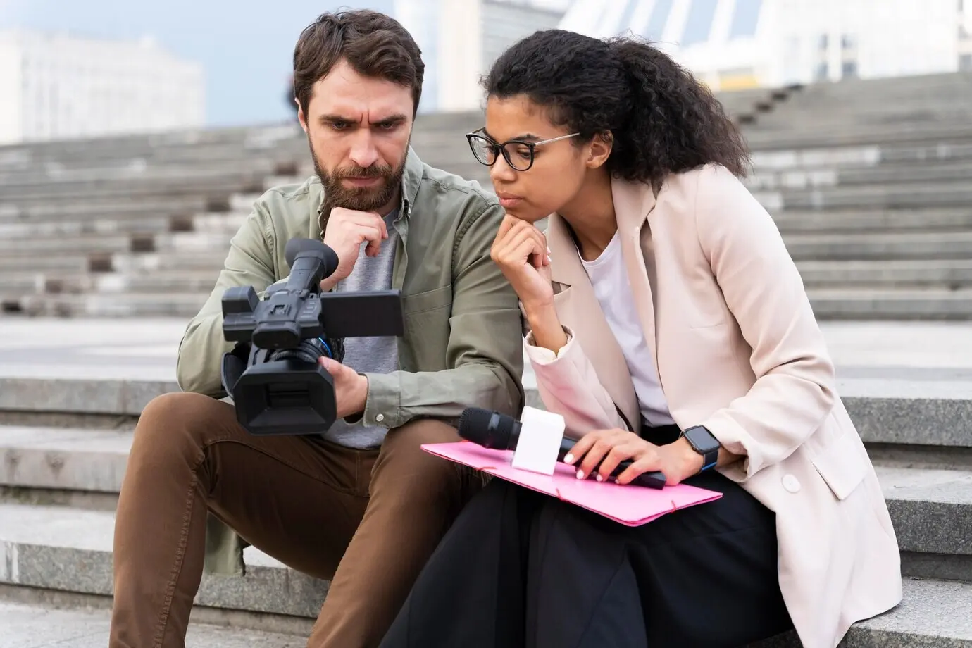 Journalistin spricht mit ihrem Kameramann.